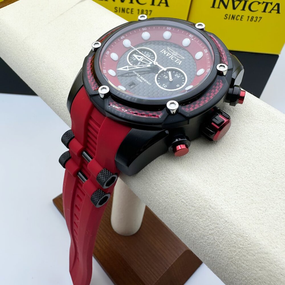 Invicta Men's Bolt Black - Red Dial Chronograph Red Polyurethan Strap 52mm Watch